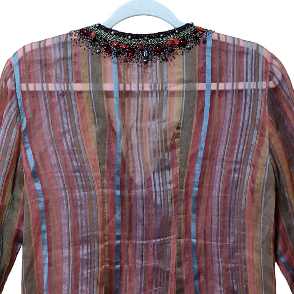 Lafayette 148 NY striped silk cotton blend heavily beaded yoke sheer blouse 8 - Picture 9 of 11